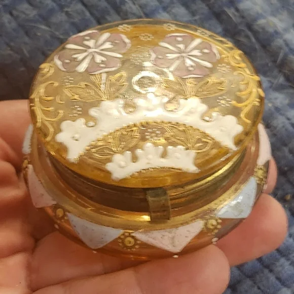 Antique Art Nouveau Bohemian Hand Painted Enamel Glass Powder Vanity Jar Moser?